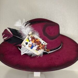Burgundy Hat with Card and Feather Accent
